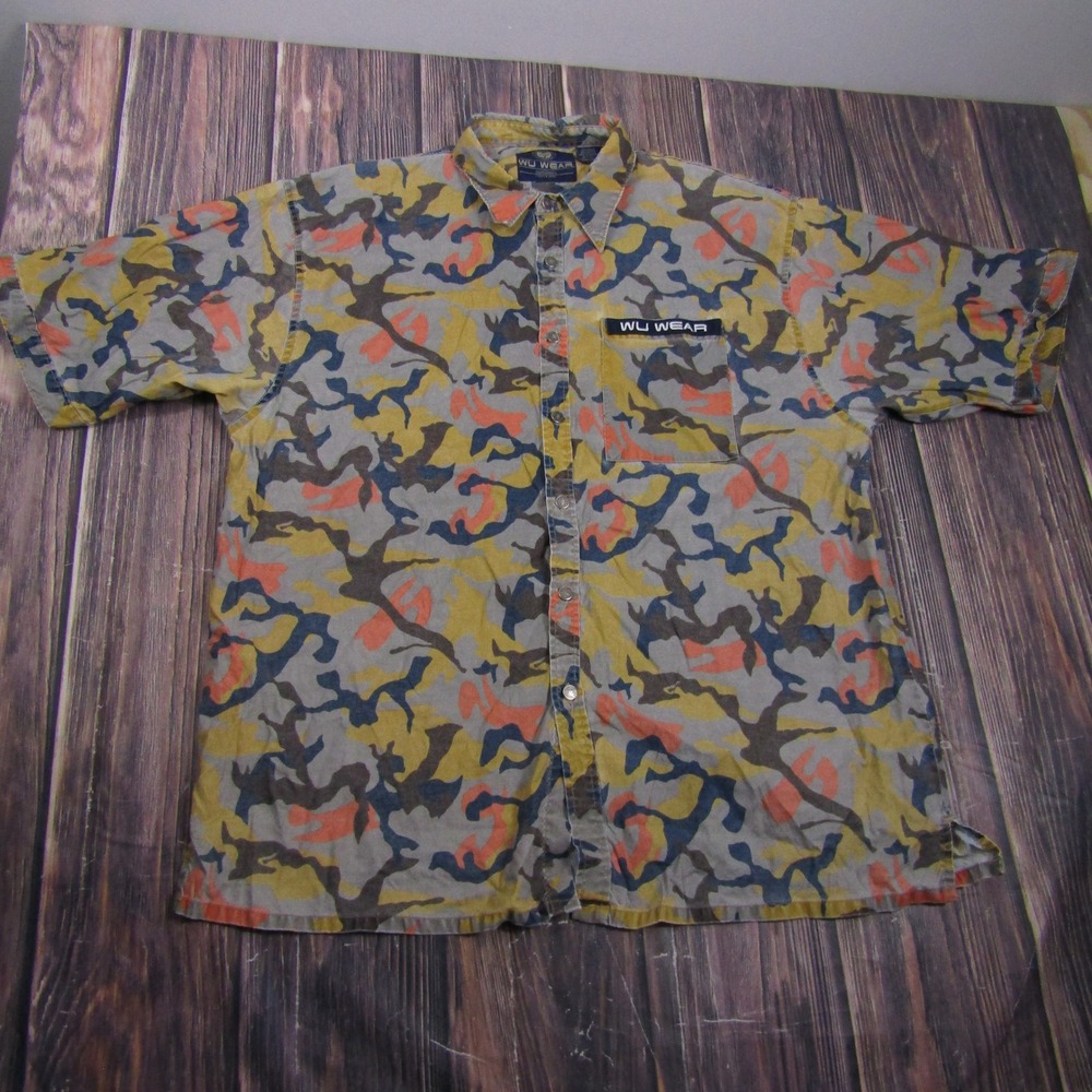 Wu Wear Button Down Shirt Mens 2XL Multicolor Camo Short Sleeve Hip Hop Vintage